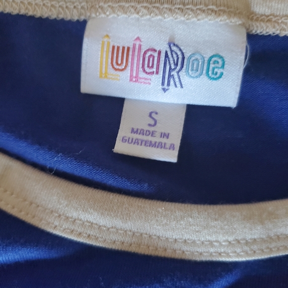 LULAROE JULIA DRESS NAVY BLUE WITH TAN SPORTS STRIPES ON SLEEVES SZ S NWT - Picture 3 of 8